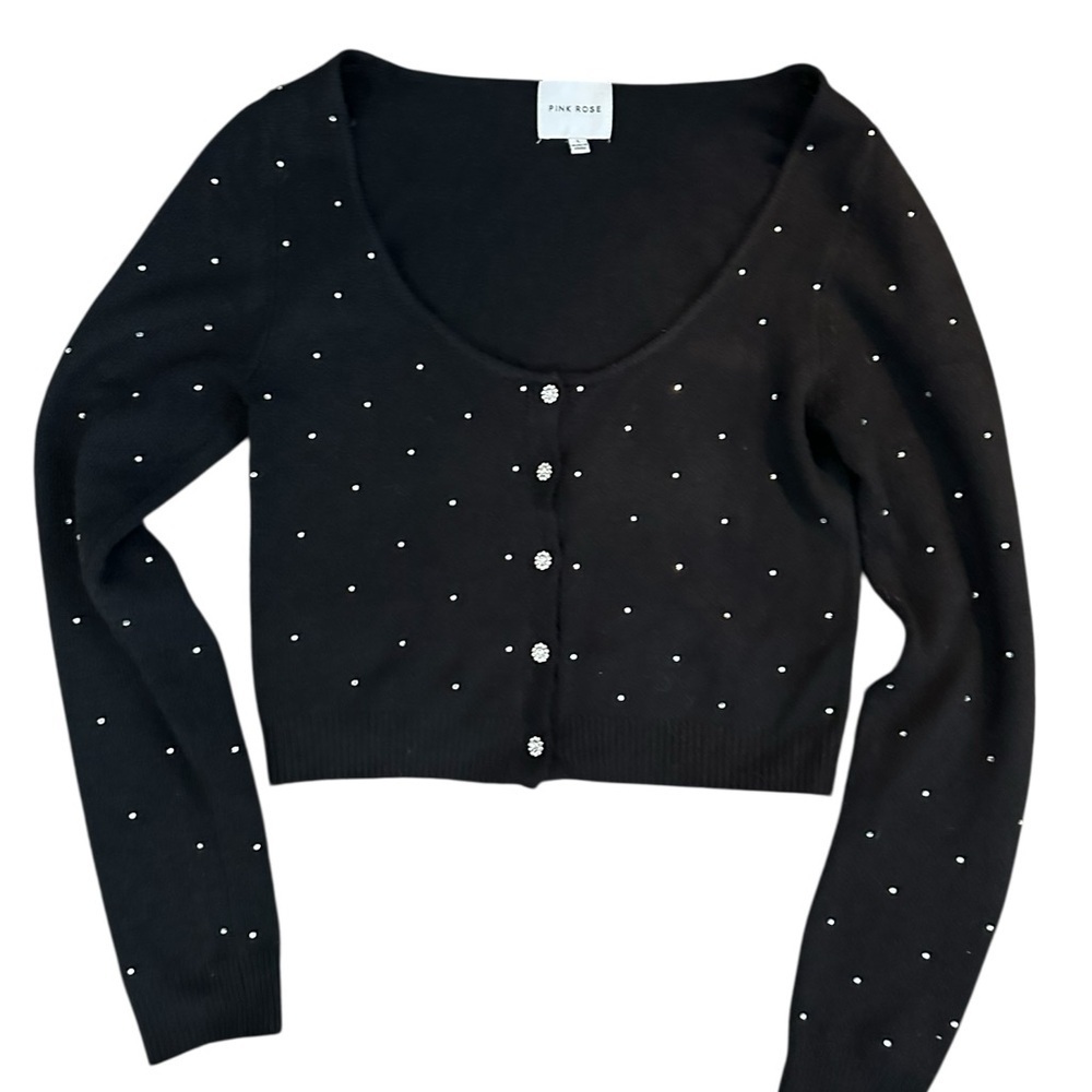 A412 Pink Rose Super Soft Black Rhinestone Cardigan Sz L